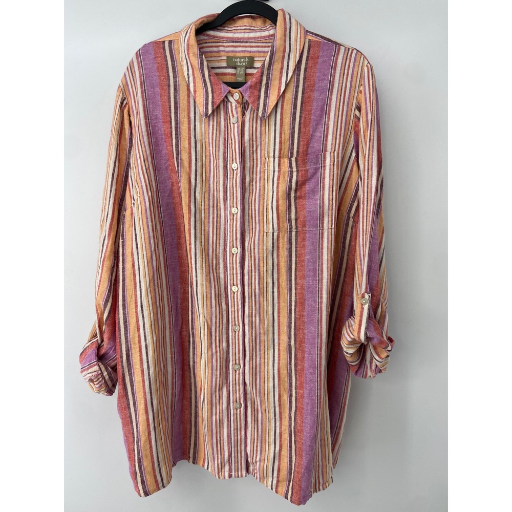 Women Linen Shirt 1X Stripe Button Boho Summer Coastal Roll Tab Top Casual